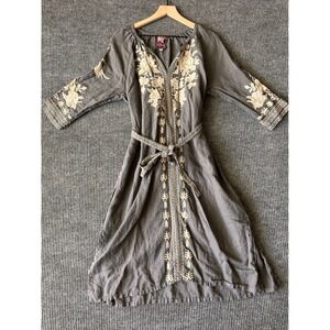 Johnny Was Linen Carmelita Peasant Midi Embroidered Boho Chic Midi Dress KaftanM